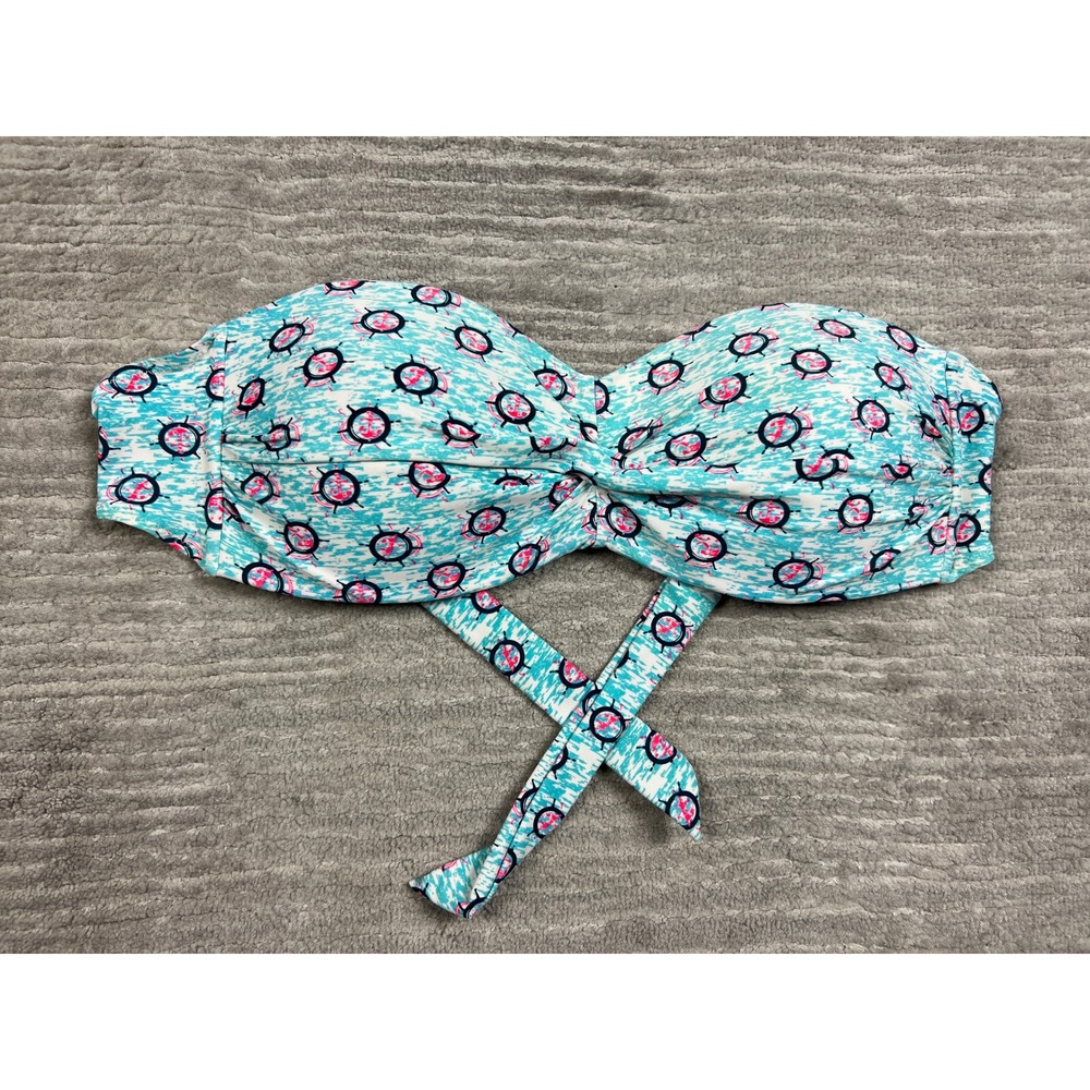 Bingo Bikini Top Women XL Turquoise Nautical Ship Wheel Bandeau Twist‎ Front Tie